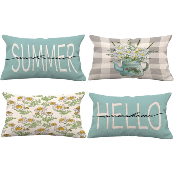 Summer Pillow Covers 12x20 Set of 4 Daisy Throw Pillow Covers Hello Sunshine Pillow Covers Cushion Covers Square Cotton Linen Pillow Cases for Couch Sofa Patio Outdoor Home Decorations 1220 Inch-5