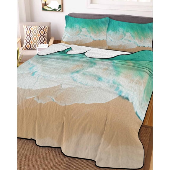 Teal Coastal King Size Down Alternative Comforter, Lightweight Comforter Quilt Bedding Set with Pillow Shams Summer Beach Seaside Ocean Nautical All Seasons Bed Comforter Duvet Insert 96"x106"