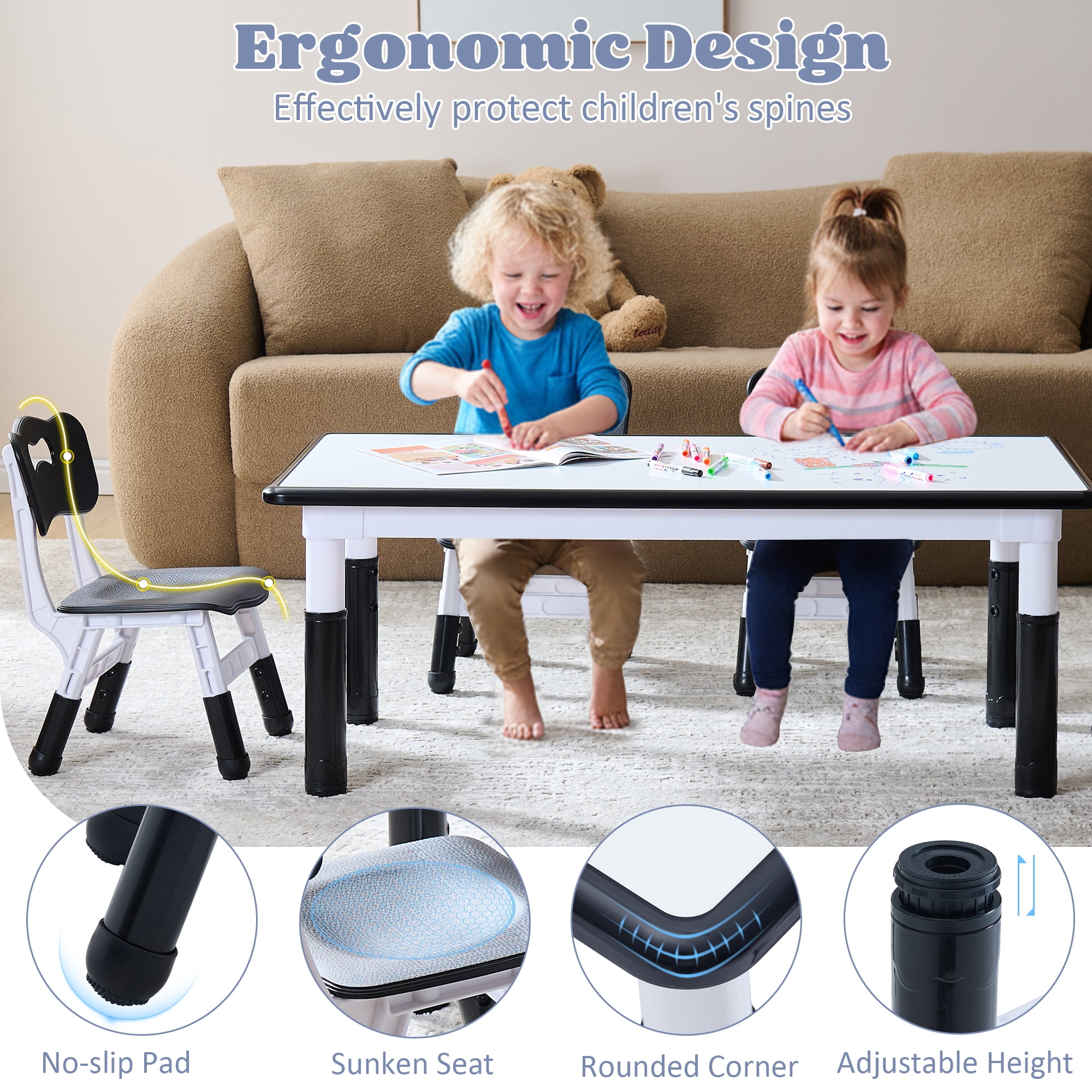 Kids Table and 4 Chairs Set, Height Adjustable Toddler Table and Chair Set, Toddler Desk with Graffiti Desktop & Non-Slip Legs, Children Activity Table for Daycare, Classroom