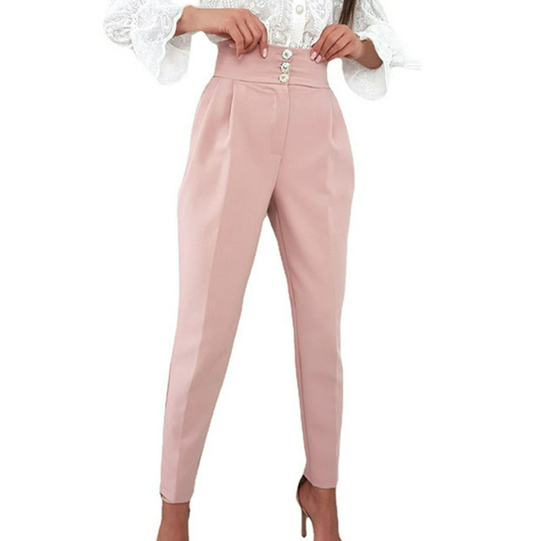 Puawkoer Women Solid Color Casual Pants Wild Card Button Decoration Formal  Pants Waist Straight Pants Clothing Shoes & Accessories L Pink