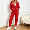 thumbnail image 2 of Women's Fleece Lined 2 Piece Tracksuit Zip Up Hoodie Jacket Jogger Pants Set Drawstring Waist Loose Fit Fall Winter Casual Loungewear Red, 2 of 8