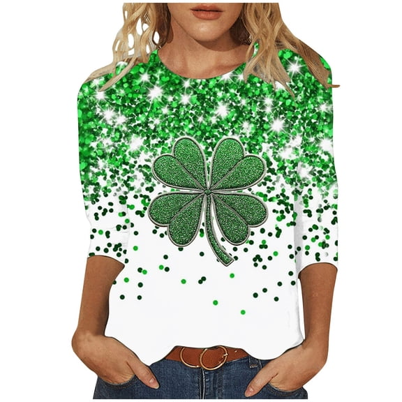 Summer Blouses for Women Dressy Casual,St Patrick's Day Shirt for Women Shamrock Printed Tops Round Neck 3/4 Sleeve T-Shirt Plus Size Casual Tunics Blouses