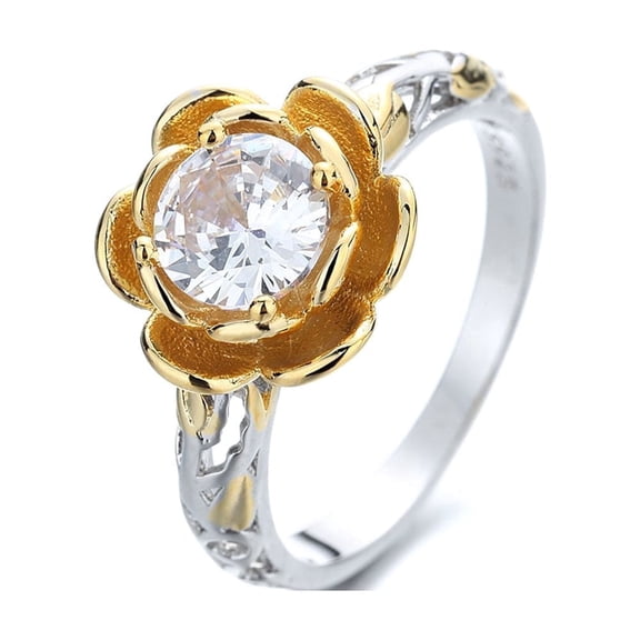14K Gold over Sterling Silver Floral Ring with Simulated Diamonds