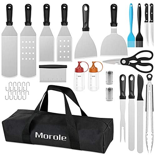 Outdoor BBQ and Camping Heavy Duty Stainless Steel Metal Spatula Perfect for Flat Top Grill Cooking Teppanyaki Morole Spatula Set Griddle Accessories BBQ Tool kit 22pcs