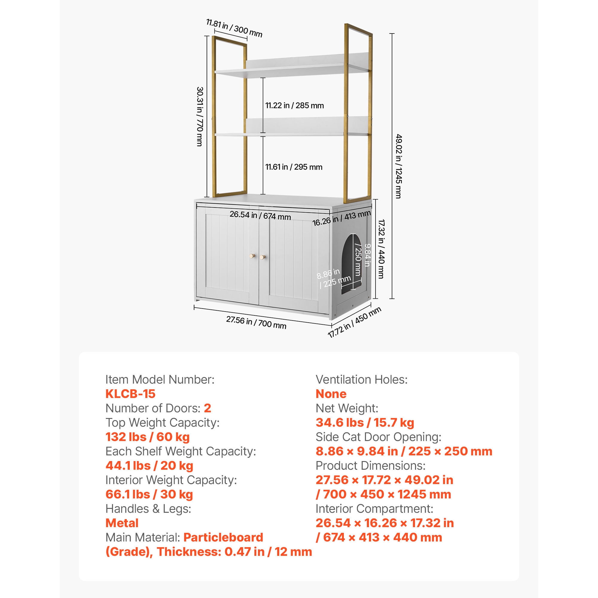 KFFKFF Cat Litter Box Enclosure Furniture, 27.6 in Cabinet with Metal Legs & Dual Storage Shelves, Waterproof Cat Washroom and House, Compatible with Most Litter Boxes, Ideal for Living Room