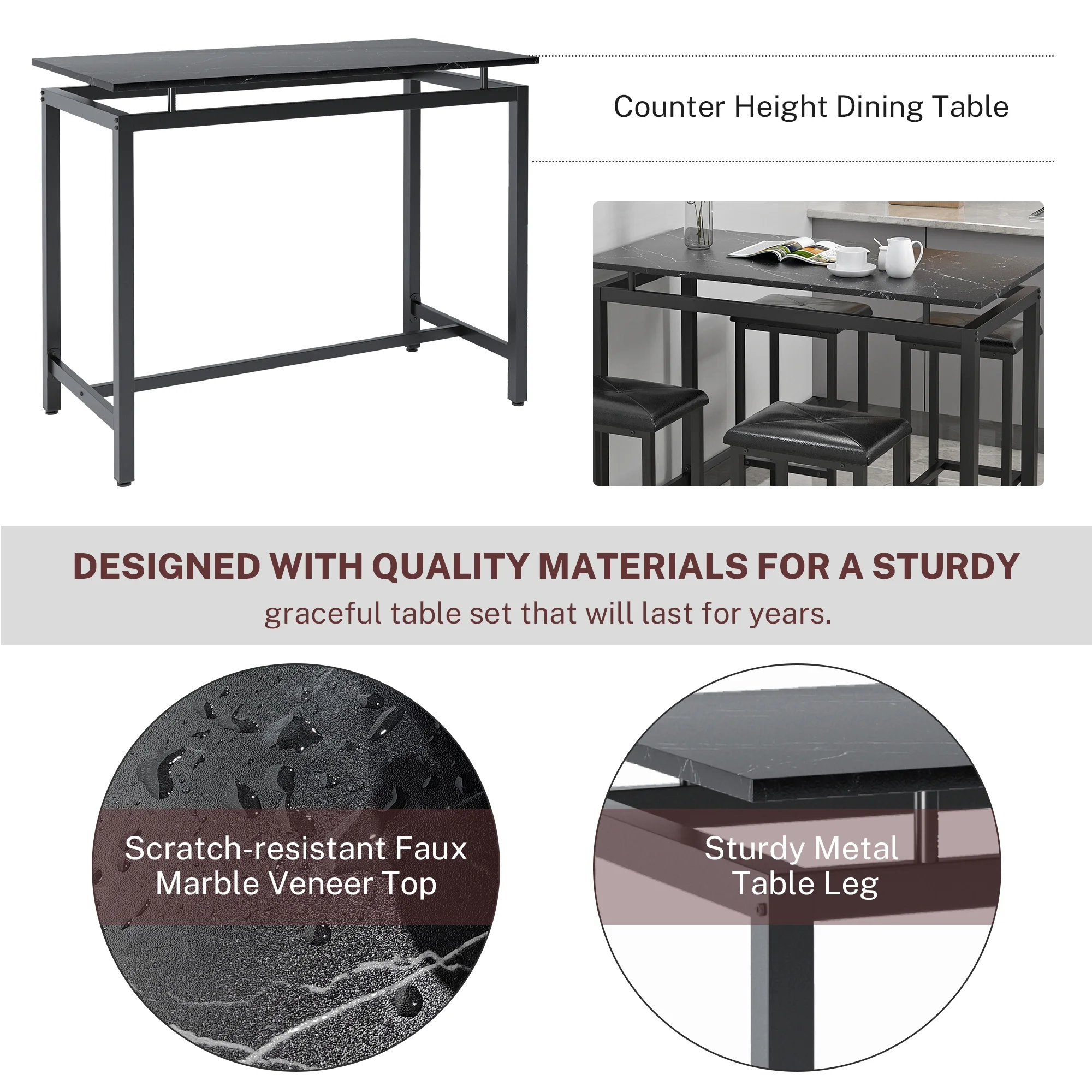 5-Piece Counter Height Bar Table Set, Modern Dining Table Set, Long Pub Table and 4 Stools, 4-Person Dining Table and Stools Set, Kitchen Side Table Set for Breakfast, Brown, D6412