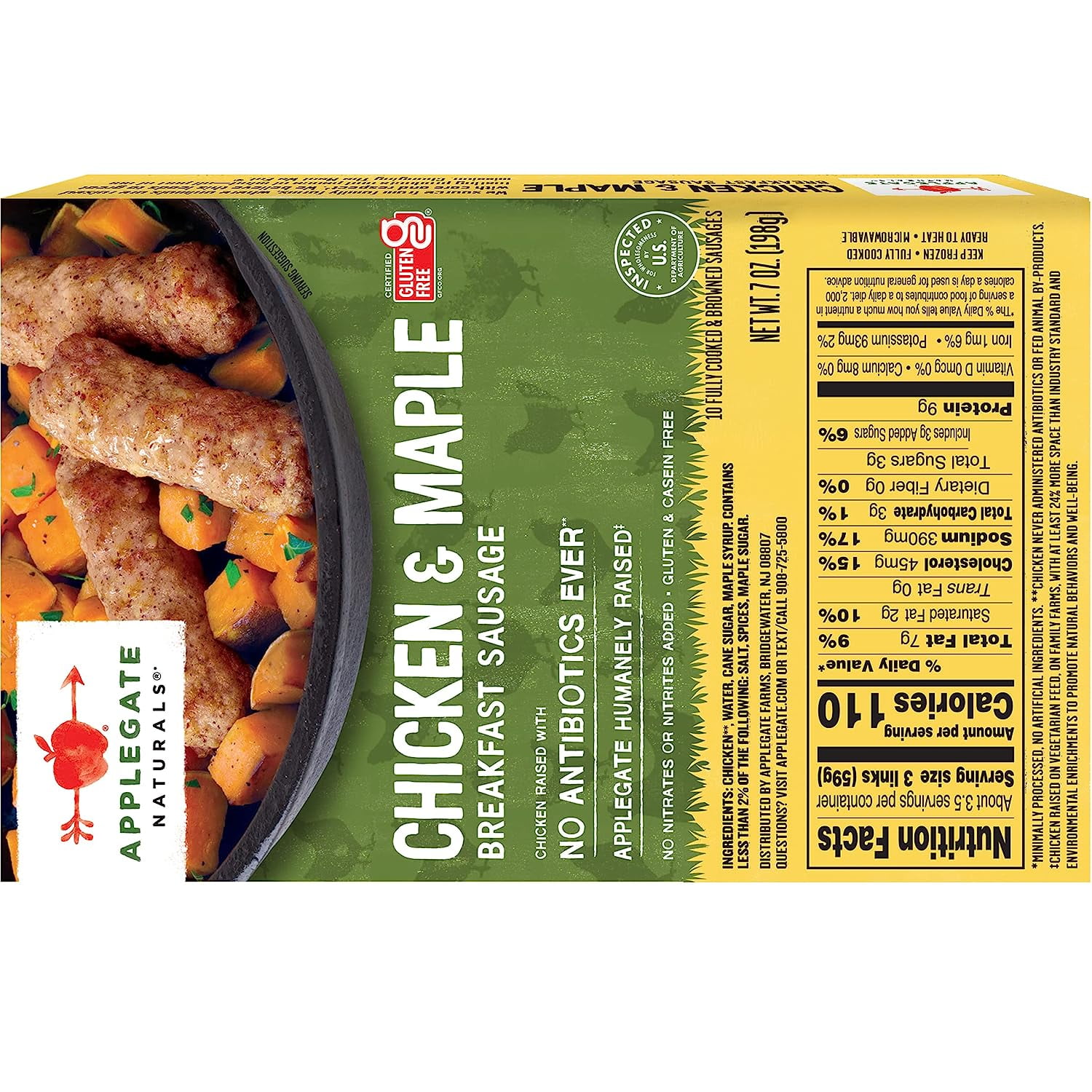 Applegate Natural Chicken & Maple Breakfast Sausage Links Gluten Free, 7oz, 10 CT Box (Frozen)