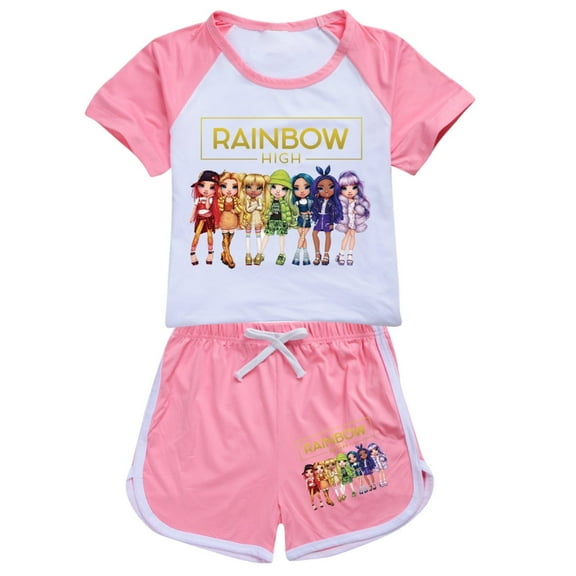 Girl set short sleeved set Rainbow high children's girl short sleeved T-shirt shorts sports set movie, TV game cartoon children's fashion casual set, suitable for children aged 5-13