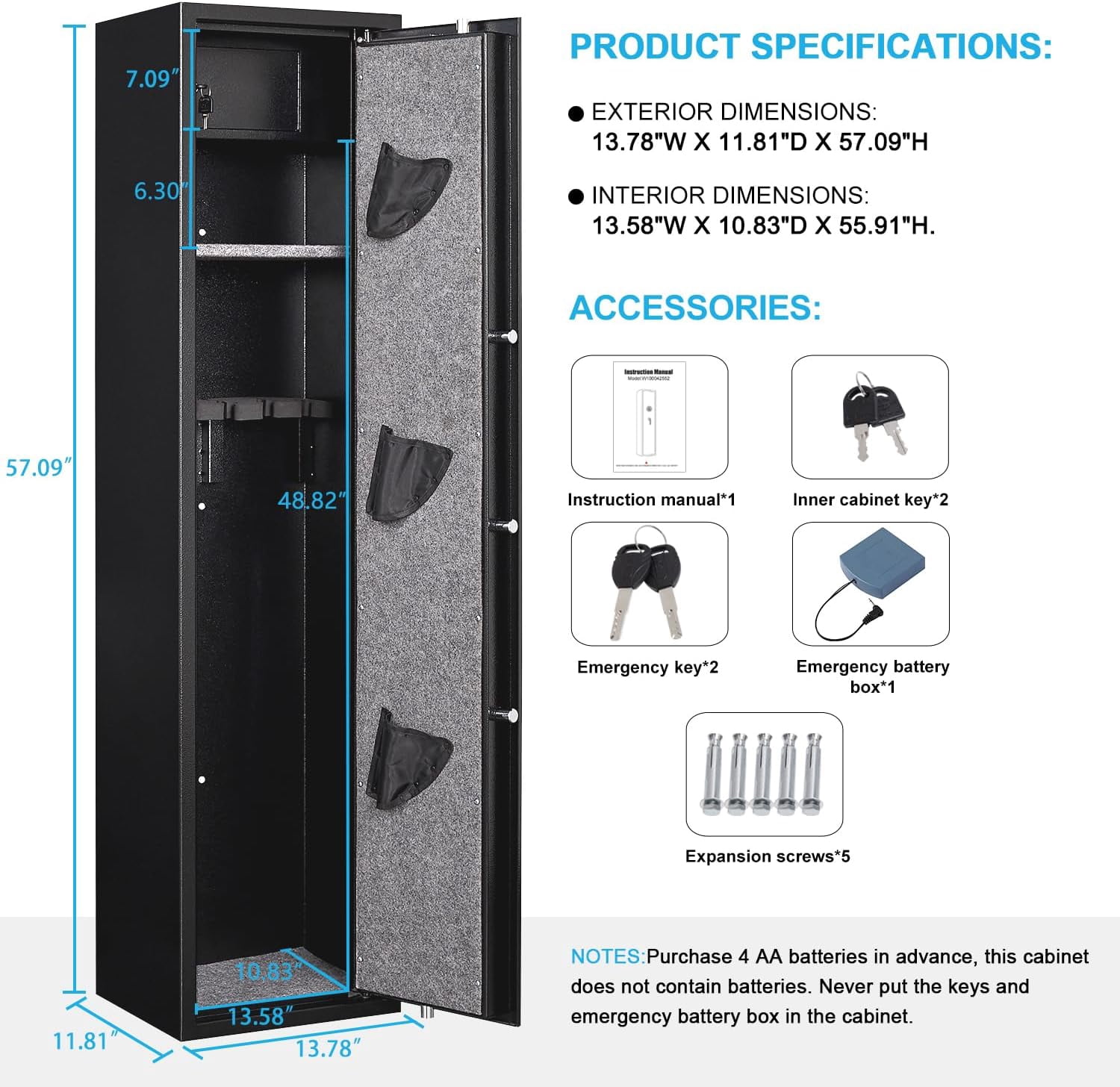 Kavey 3-5 Long Gun Safe, Digital Gun Safe for Shotguns, Quick Access Gun Storage Cabinet with LED Light, Pistol Pouches, Inner Cabinet & Removable Rack