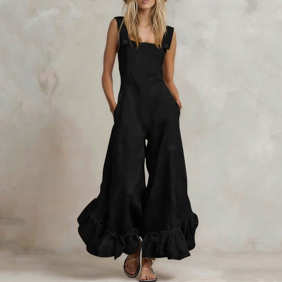 Women’s Button Strap Jumpsuit Squares Neck Ruffle Hem Wide Leg Flowy Pants Overalls with Pockets, Summer Boho Casual Wear Black XL