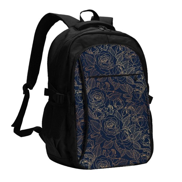 Bingfone Copper-Gold Gloss Outline Rose for USB Backpack, Multi-compartment Multi-pocket Computer Backpack, Suitable for Travel, Business, Leisure, Unisex