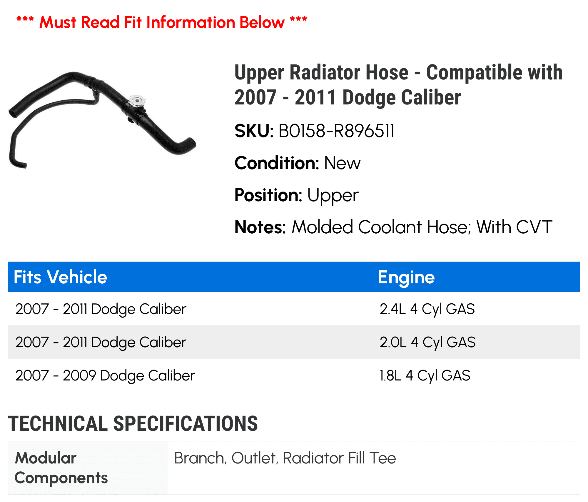 Upper Radiator Hose - Compatible with 2007 - 2011 Dodge Caliber 2008 2009 2010