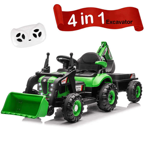 24V Kids Ride on Excavator Digger Toy Cars, Ride on Construction Toy w/4-in-1 Construction Attachments (Excavator, Dump Truck & Bulldozer), Electric Tractor Car w/Remote Control, Swivel Seat, Green