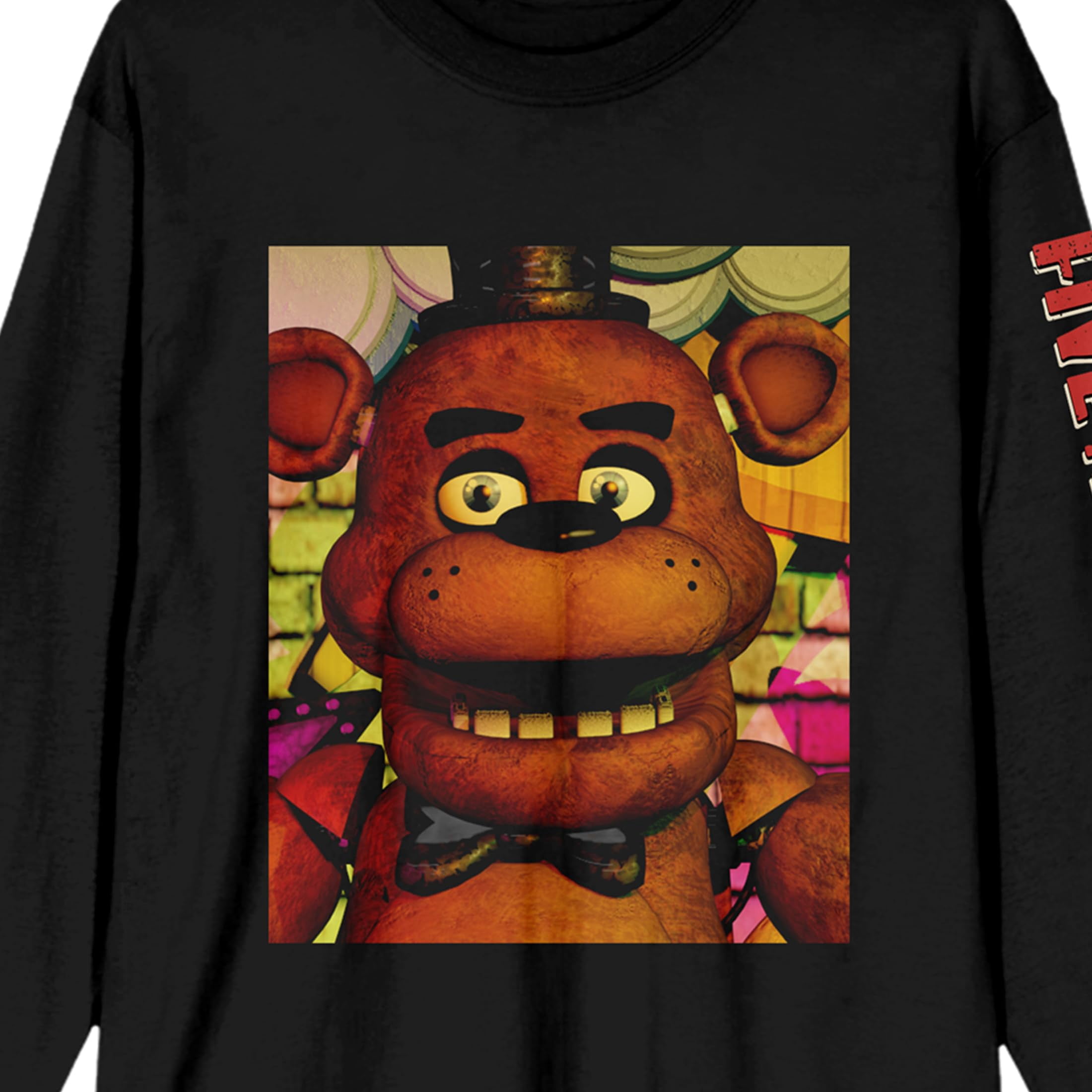 Five Nights At Freddy's Poster Face Close Up Crew Neck Long Sleeve Black Adult Tee-XL