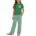 thumbnail image 2 of HVOBTTY Toddler Kid's Solid Color Plaid Pocket Crew Neck Short Sleeve Top Elastic Waist Long Pant 2 Piece Cotton Home Wear Outfit Suits, 2 of 5