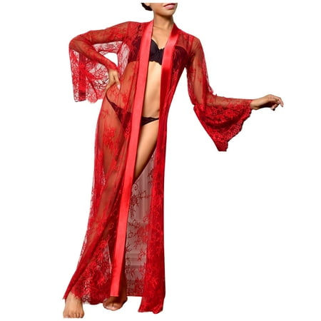 Fall Winter Savings Clearance! Itsun Sexy Lingerie Long Sheer Boudoir Wedding Floor Length Lace Bridal Bath Robe Lingerie Red 12