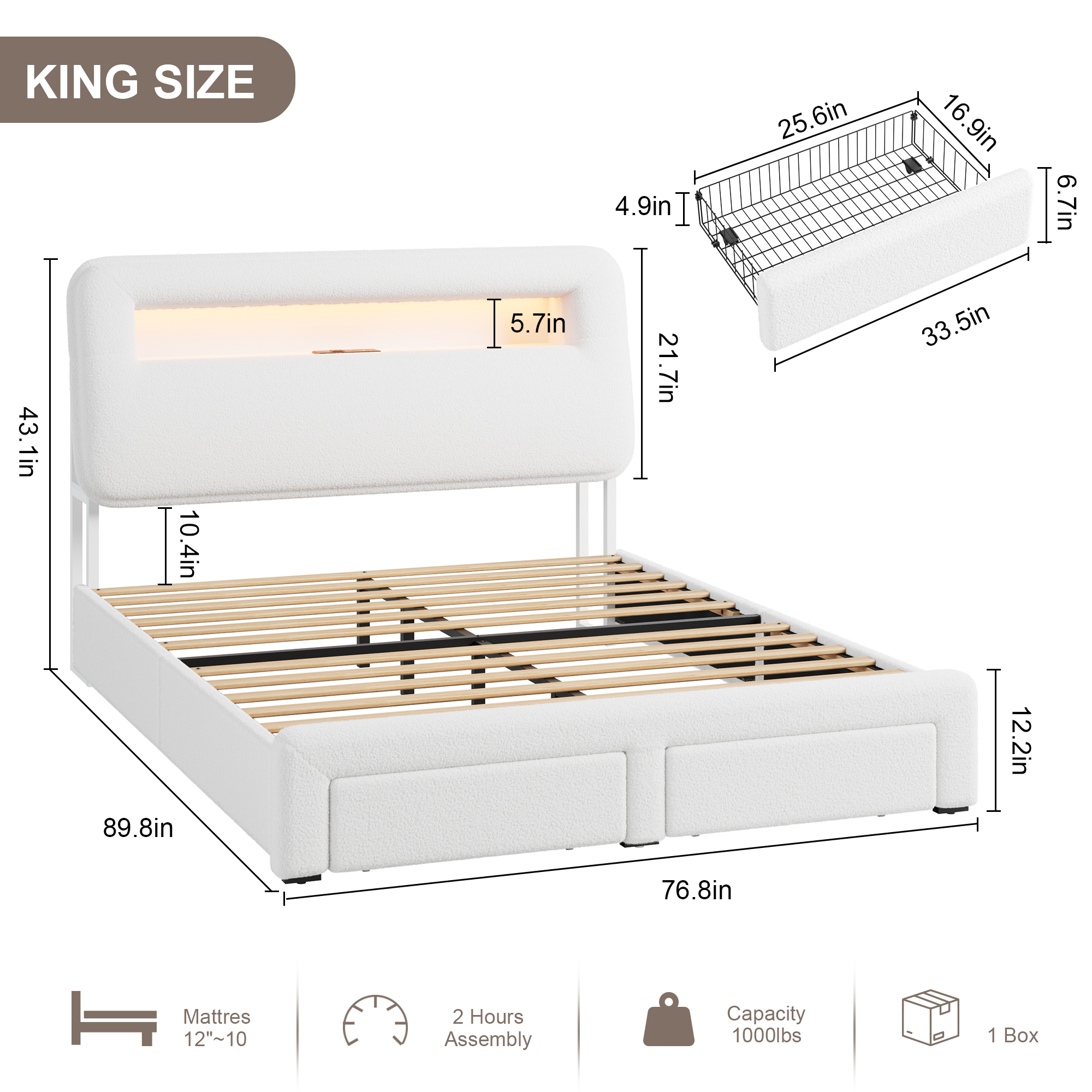 Miniyam King Bed with Storage Drawer, Sherpa Upholstered Headboard, LED Light & USB Charging for Adult