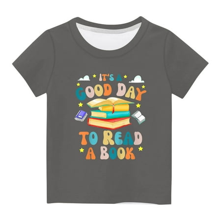 Nrmvnmi IT IS A GOOD DAY TO READ Shirts for Kids Short Sleeve Graphic T-Shirt Round Neck Crop Top for Little & Big Girls and Boy T-Shirt Tee Gray-7 Years