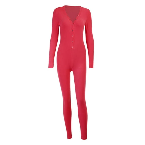 Gureui Women Buttons Deep V Neck Pajamas Jumpsuit, Solid Color Long Sleeve Slim Fit One Piece Romper Bodysuits Daily wear,,S, M, L, XL