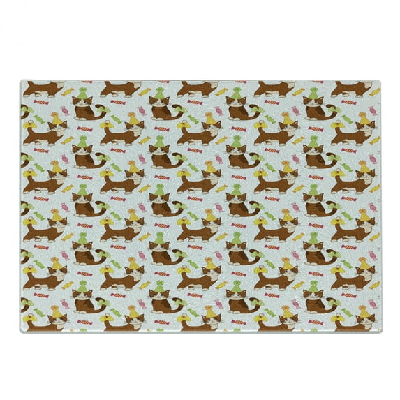 Kitten Cutting Board, Cartoon Style Cat Lover Pattern of Animal with a Party Hat and Sugars, Decorative Tempered Glass Cutting and Serving Board, in 3 Sizes, by Ambesonne