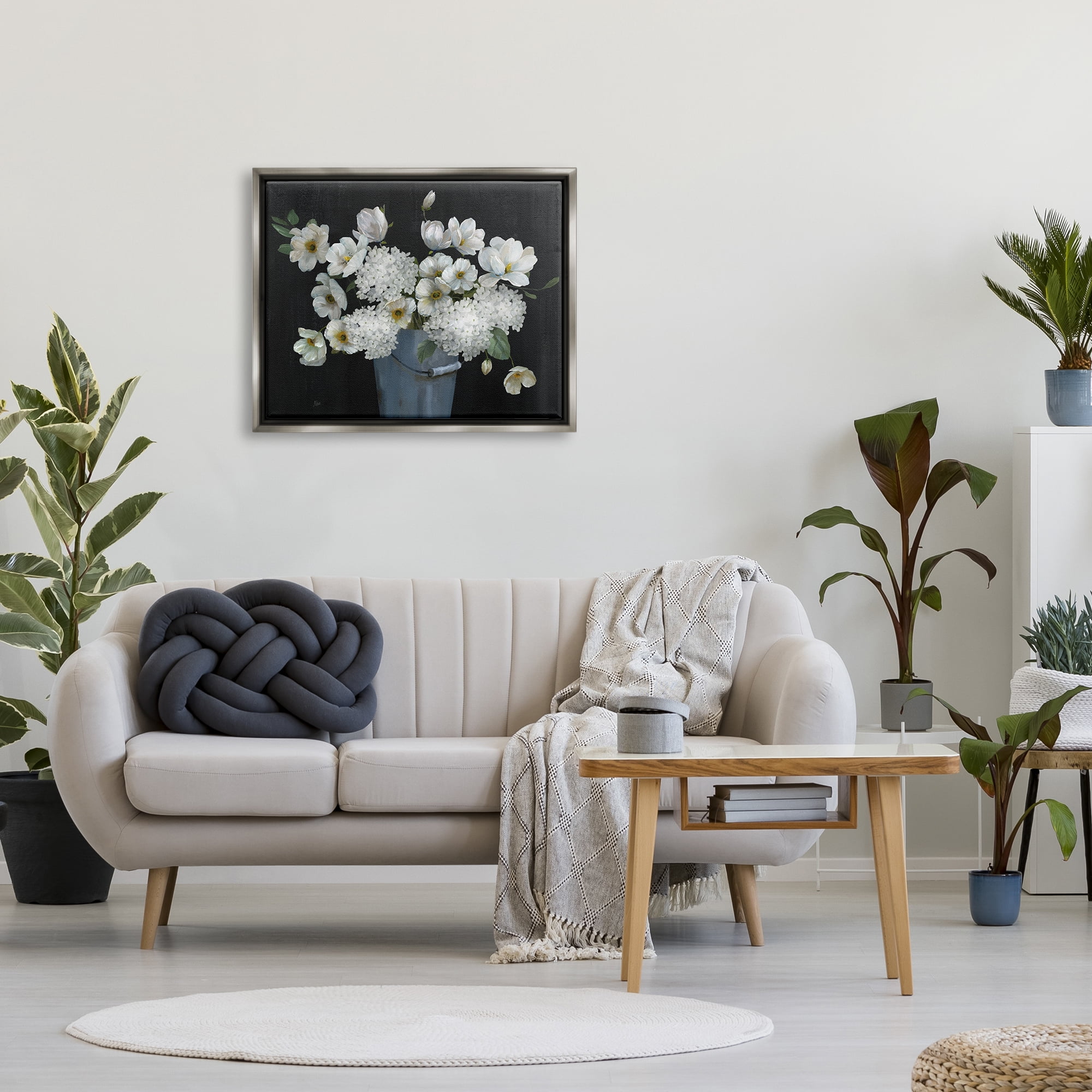 Stupell Industries White Mixed Flowers Rustic Planter Botanical & Floral Painting Gray Floater Framed Art Print Wall Art