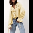 thumbnail image 4 of Camisa Informal de Larga con Volantes para Mujer, Blusa de Satén de Seda para Trabajo, Ropa de y Otoño Amarillo S, 4 of 8