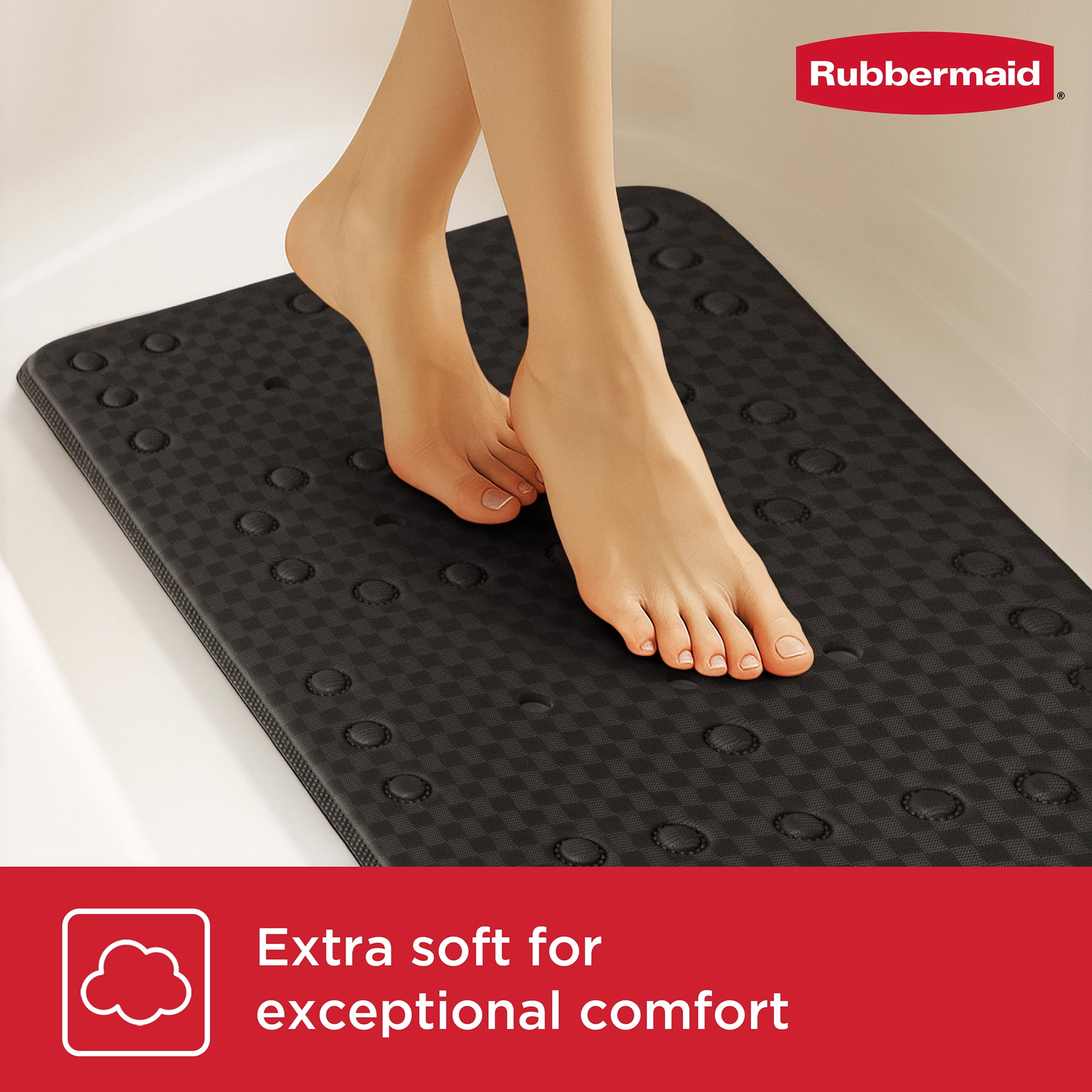 Rubbermaid Soft Foam Tub Mat, Non-Slip Bath Mat with Quick-Drain Holes, BPA-Free TPE, 35.88" x 17", Black