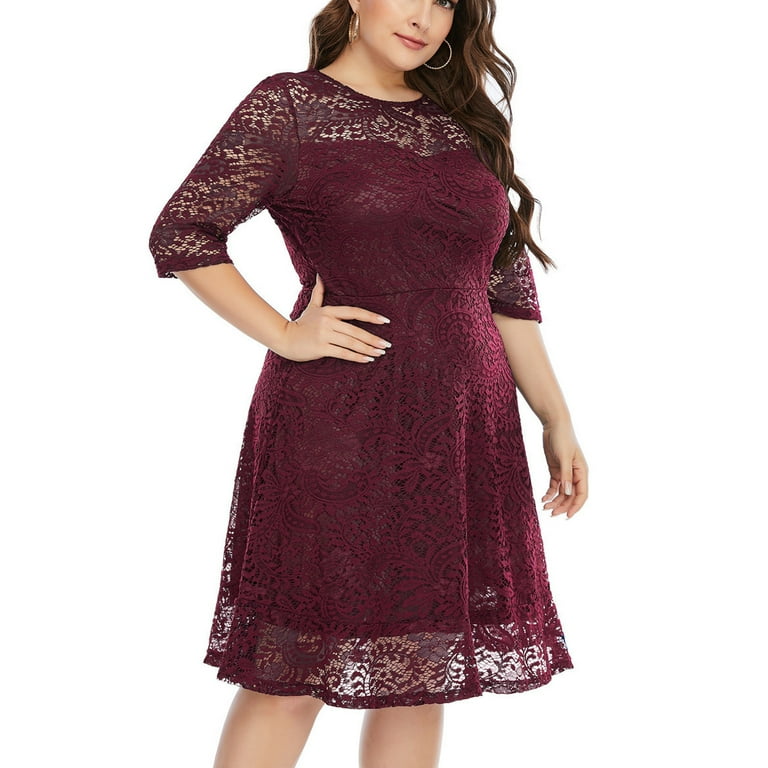 IROINNID Formal Dress for Women Wedding Guest Homecoming Party Trendy Loose  Round-Neck Solid Three Quarter Mid-Length Sleeve Size Dress,Burgundy -  Walmart.com