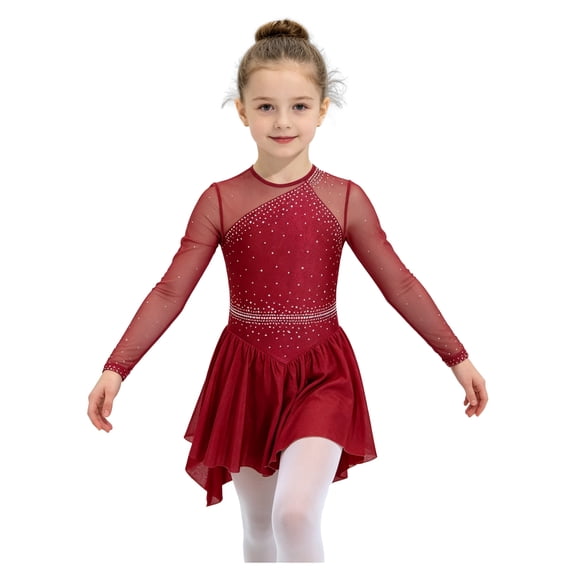 Aiihoo Children Girls Figure Skating Ballet Dance Gymnastics Acrobatics Leotard Dress Long Sleeve Shiny Rhinestone Sheer Mesh Dancewear Burgundy 14