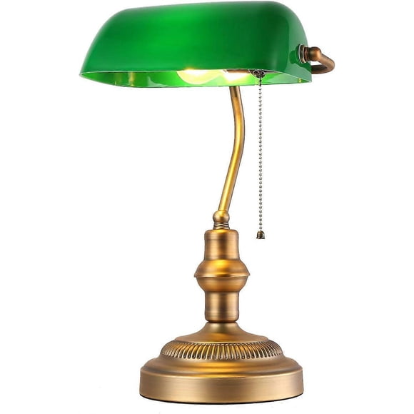 Retro banker's style Barcelona LED desk lamp with green glass and brass parallel shade, suitable for E27 LED bulbs, living room head
