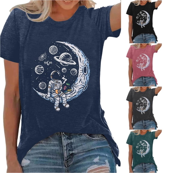 Trendfront Womens Astronaut Graphic T Shirts Crewneck Short Sleeve Space Planet Moon Print Casual Tee Galaxy Lover Tops