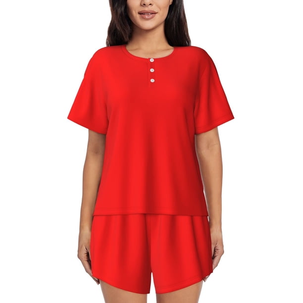 Balery Red Conjunto de Pijama para Mujer con Estampado, Dos Piezas de Manga Corta y Shorts, Ropa de Dormir Suave con Cuello Redondo y Bolsillos-Medium