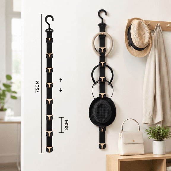 Over-the-Door Hat Rack, Holds Up ,75cm Adjustable Hat Hanging Strap with 8 Movable Metal Hooks, Multi-Purpose Over Closet Rod Hat Rack for Baseball Caps, Headbands, Scarves & Accessories