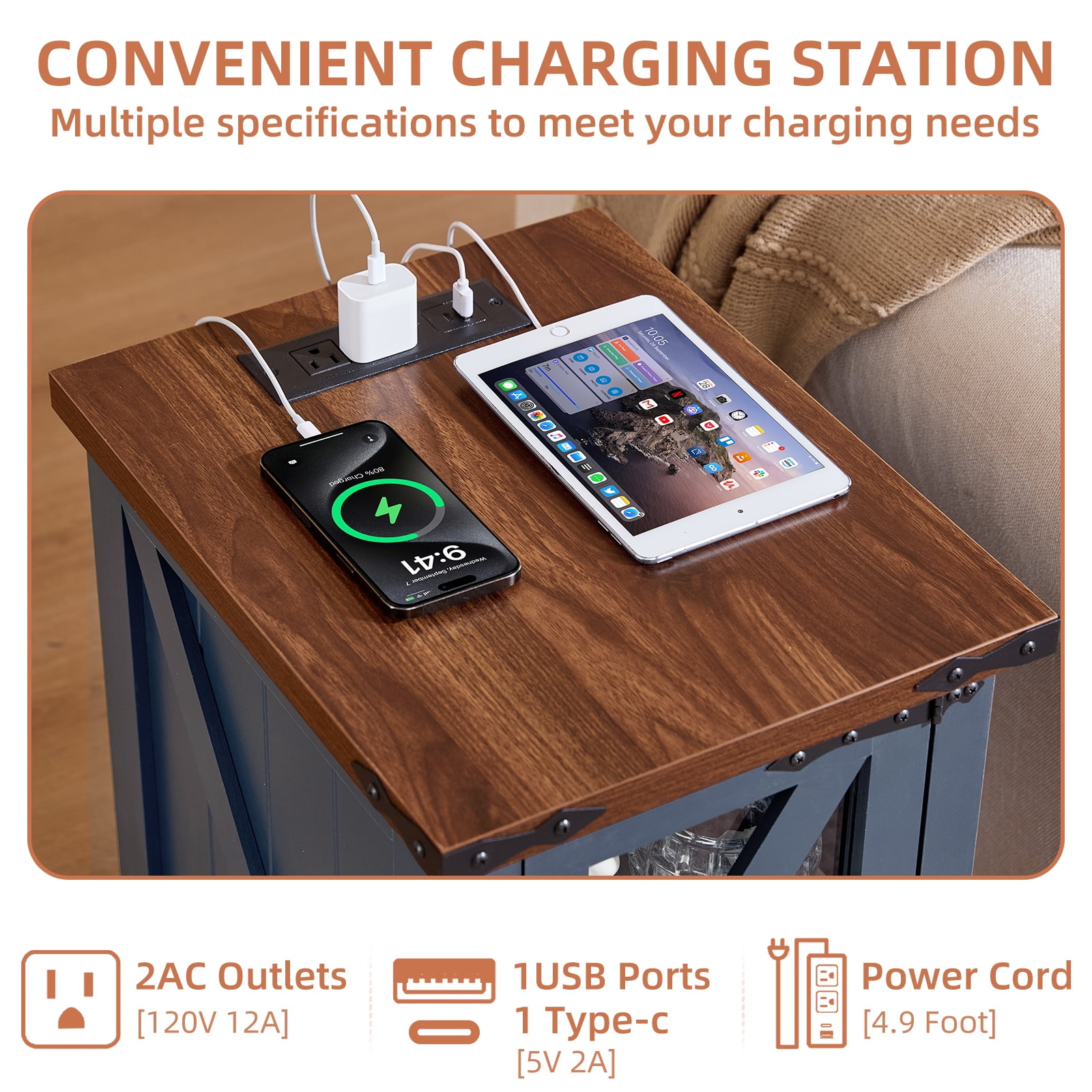 Joaxswe Coffee Table Set of 3, Flip Top Coffee Table with Large Hidden Storage, 2 Farmhouse Nightstands with Charging Station for Living Room, Navy