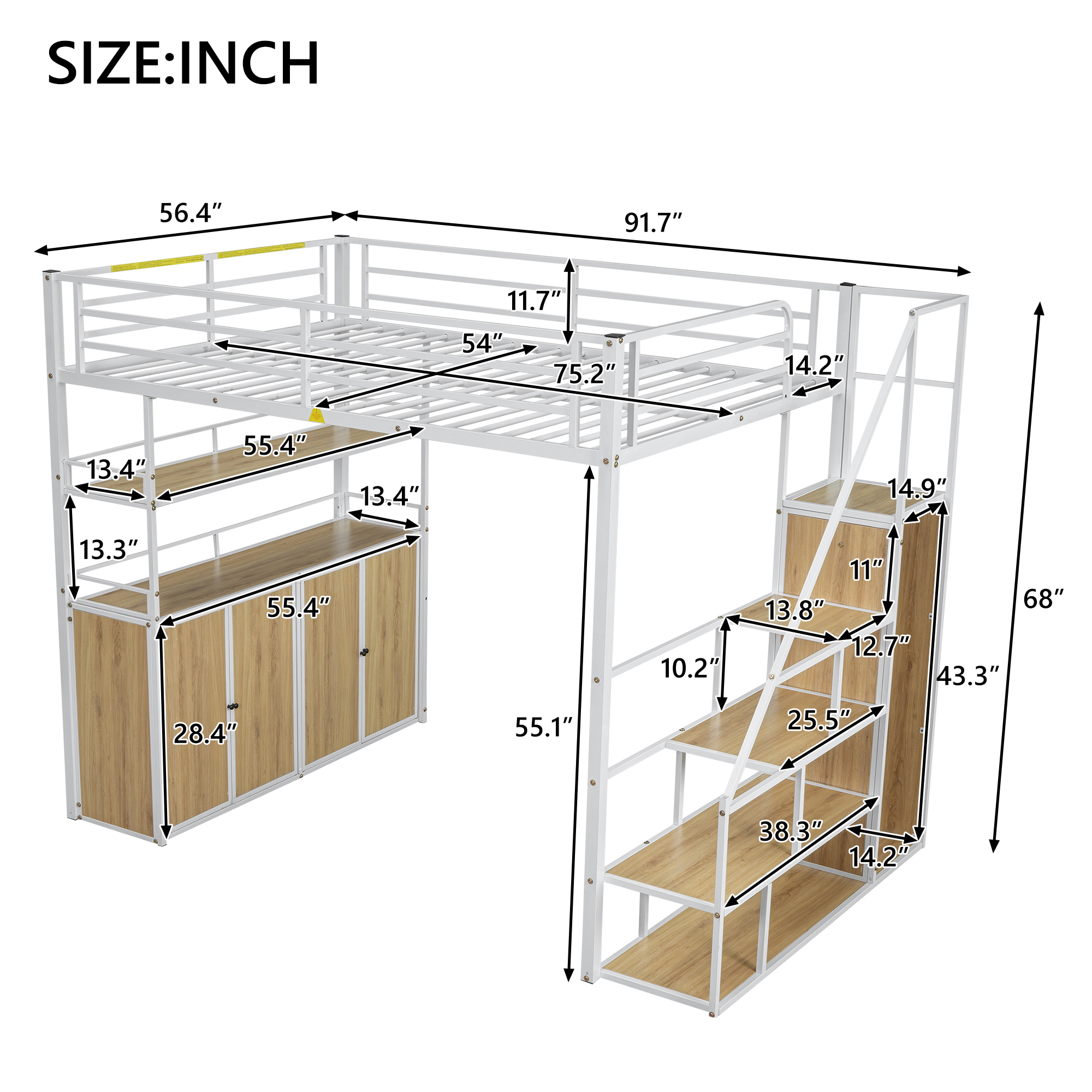 Euroco Metal Full Size Loft Bed with Desk and Wardrobe, Storage Staircase and Lockers for Kids Teens, White
