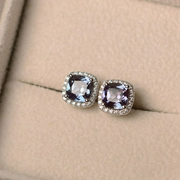 Lab alexandrite earrings, cushion cut, color changing gemstone,halo earrings, stud earrings, June birthstone