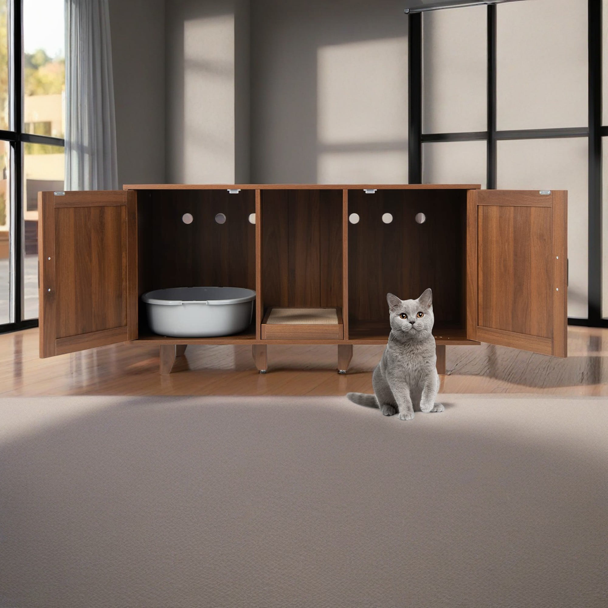 resenkos 47" 2-Door Cat Litter Box Enclosure with Winding Entry and Scratching Board, Hidden Cat House Washroom Furniture, Brown