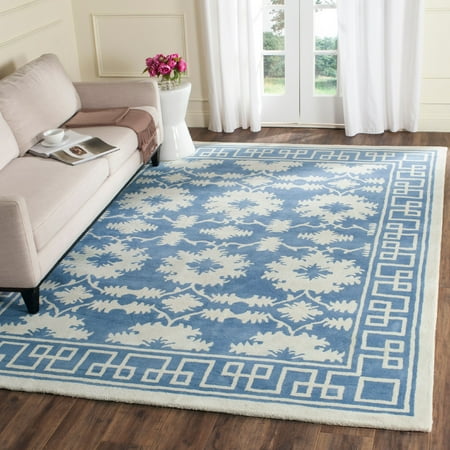SAFAVIEH Bella Aliya Geometric Bordered Wool Area Rug, Blue/Ivory, 5' x 5' Square