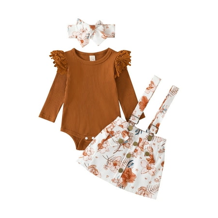 

Amuver Infant Baby Girls 3 Pieces Outfits Solid Color Ribbed Romper + Floral/Cow Spot Print Suspender Skirts + Headband Set