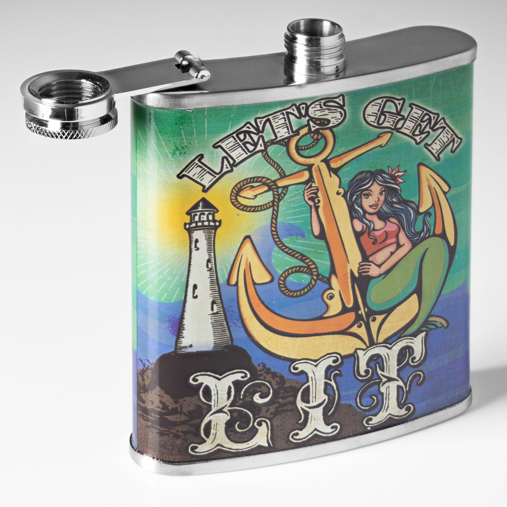 American Art Decor 8 oz Liquor Flask – Let’s Get Lit Stainless Steel Hip Flask | Heavy Duty, Leak - Proof | Novelty, Funny Flask for Men and Women (5.5" x 4" x 1.25")