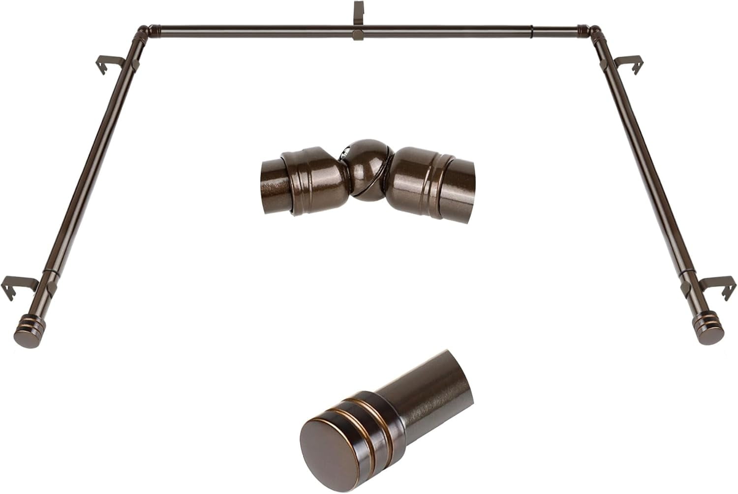 Bay Window Curtain Rods, 1 Inch Heavy Duty Curtain Rods for Bay Windows 36-72 Inch(Center Rod), 20-36 Inch Side Rods for Windows, Antique Bronze, Decorative Drapery Rods with End Cap Finials