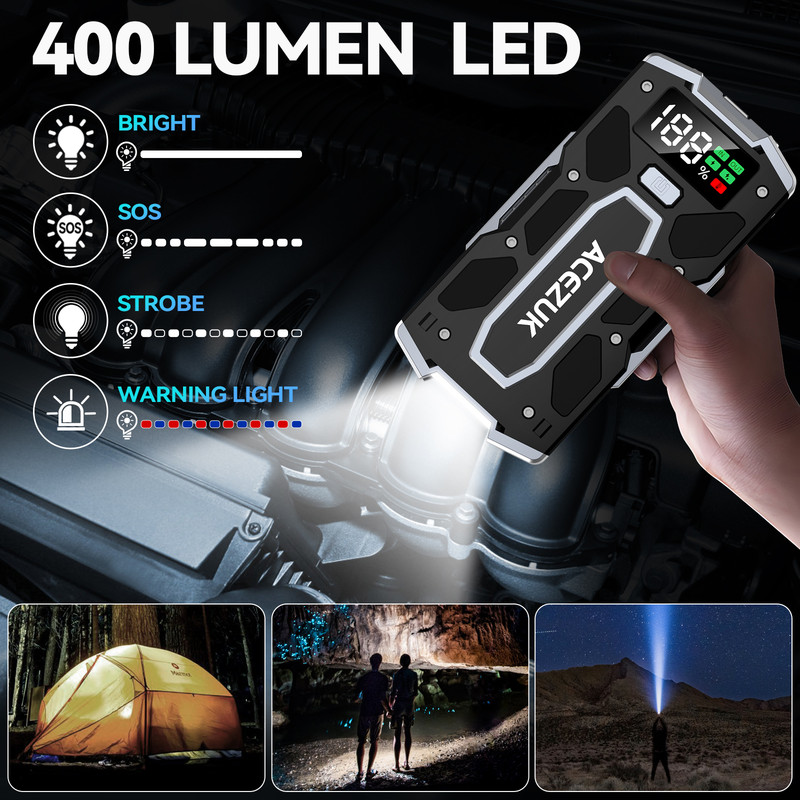 ACEZUK Car Jump Starter, 12V Jump Starter Battery Pack 5000A for Up to 10.0L Gas & 8.0 L Diesel Engines, QC 3.0 Power Bank Jumper with LED Light, Large LCD, Jump Cable