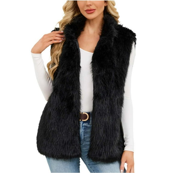 Uaswgudfs Women's Black Faux Fur Vest, Winter Sleeveless Stand Collar Warm Outerwear, Casual Fashion Layering Jacket - Trendy Style Black L