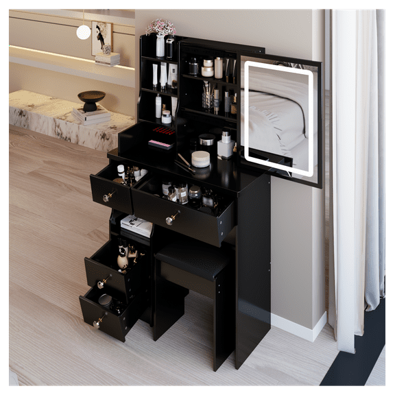 Small Vanity Table Set with LED Mirror & Stool - 29.2" Makeup Desk for Bedroom - Touch Control, Tri-Color Lights, Storage - Ideal for Small Spaces