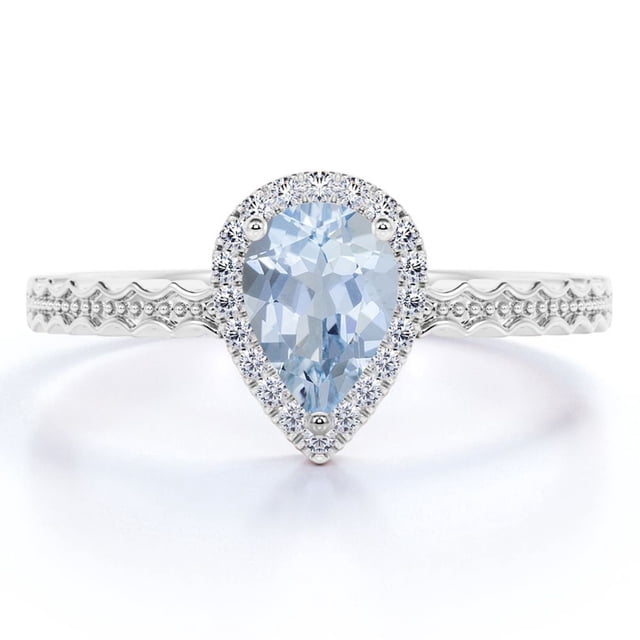 JeenMata Anillo de Bodas Exclusivo con Halo de Aguamarina en Forma de Lágrima de 1 Quilate en Oro Blanco de 18 K sobre Plata