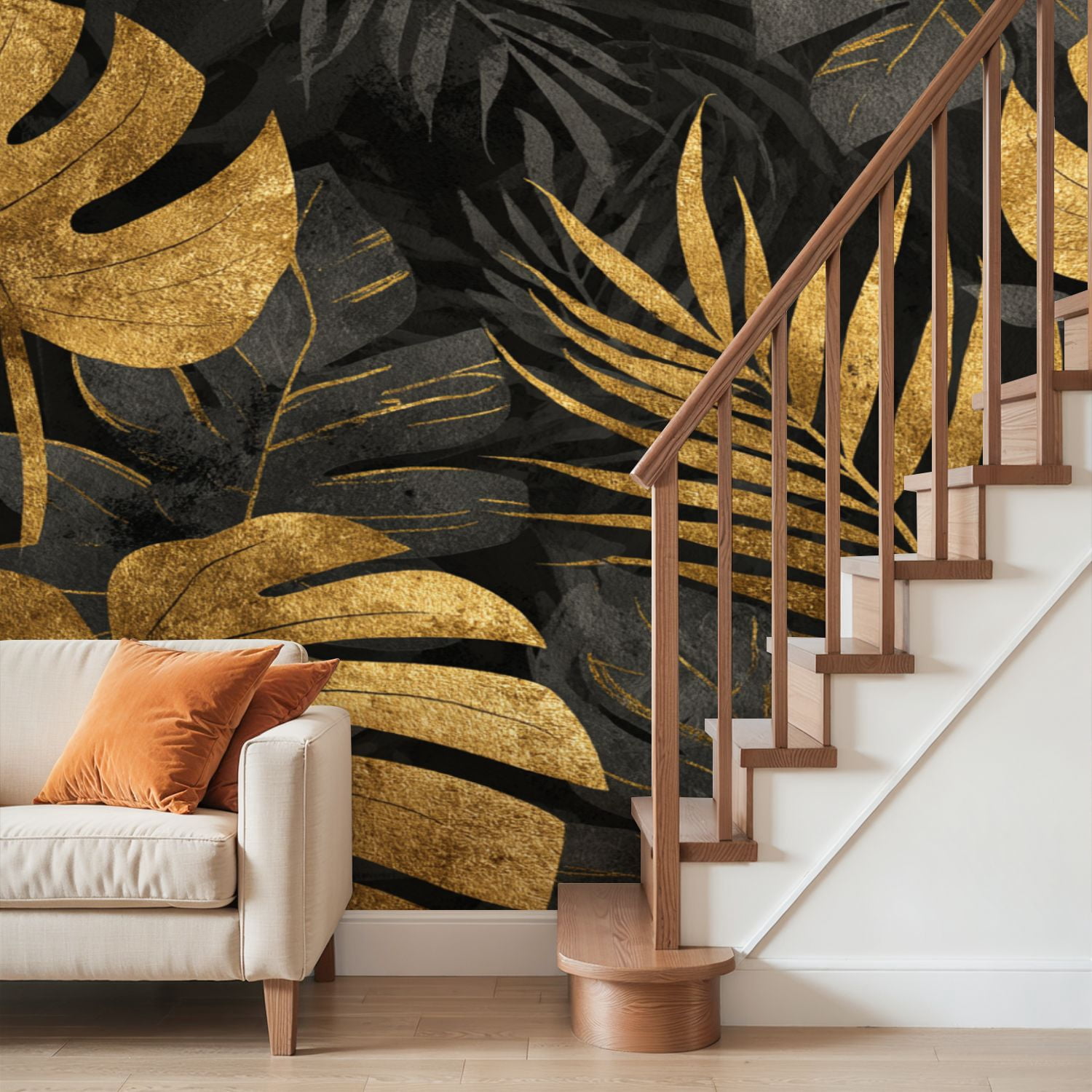 Wall Mural Peel and Stick seamless gold black tropical leaves dark Self-Adhesive Wallpaper Removable Wall Decal Wall Sticker Home Decor for Living Room Bedroom 69"x96"