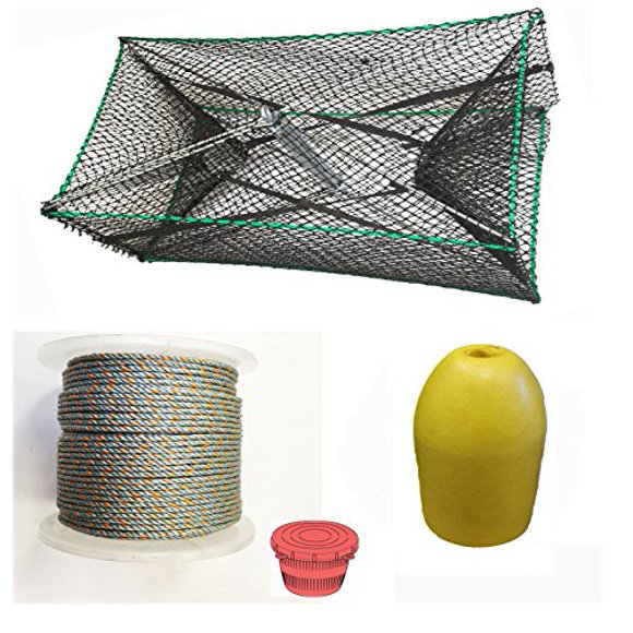 KUFA Sports Galvanized Steel Foldable Prawn Trap with 1/4"x400' Lead Rope, 11" Bullet float & Bait Jar Combo (S32+LQ4+HB5+F11Y)