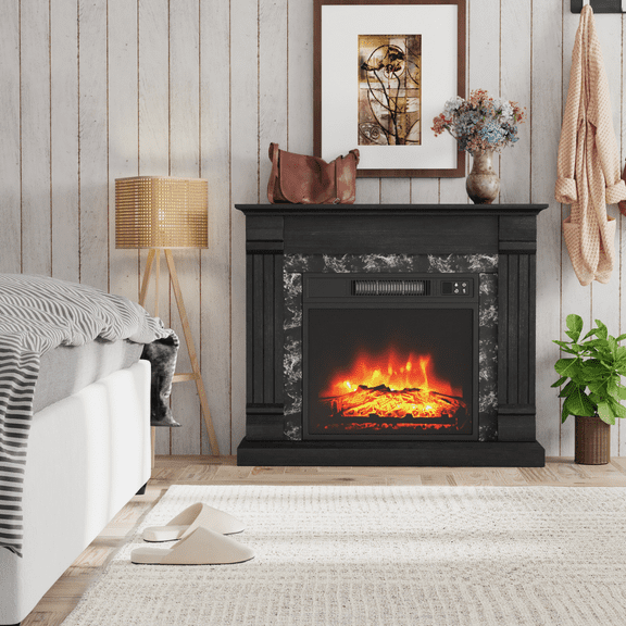 LIGHTINN 31.5''W Electric Fireplace with Wooden Encase Surround Mantel, Black