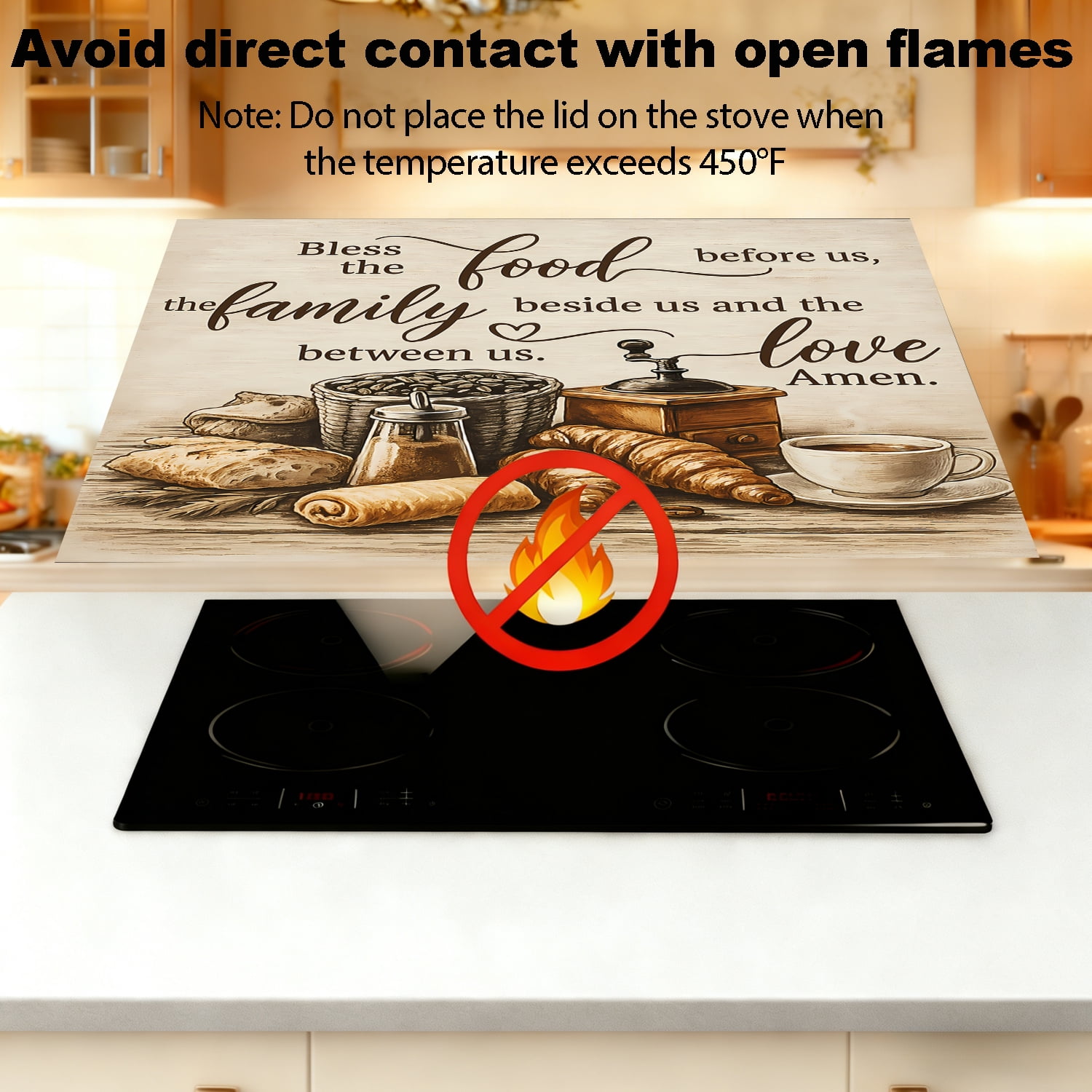 Stove Top Cover for Electric Stove, 28.5" x 20.5" Heat Resistant Glass Cooktop Cover Mat, Multi-Purpose Countertop Protector for Stove & Washer Top, “Bless the Food” Kitchen Decor