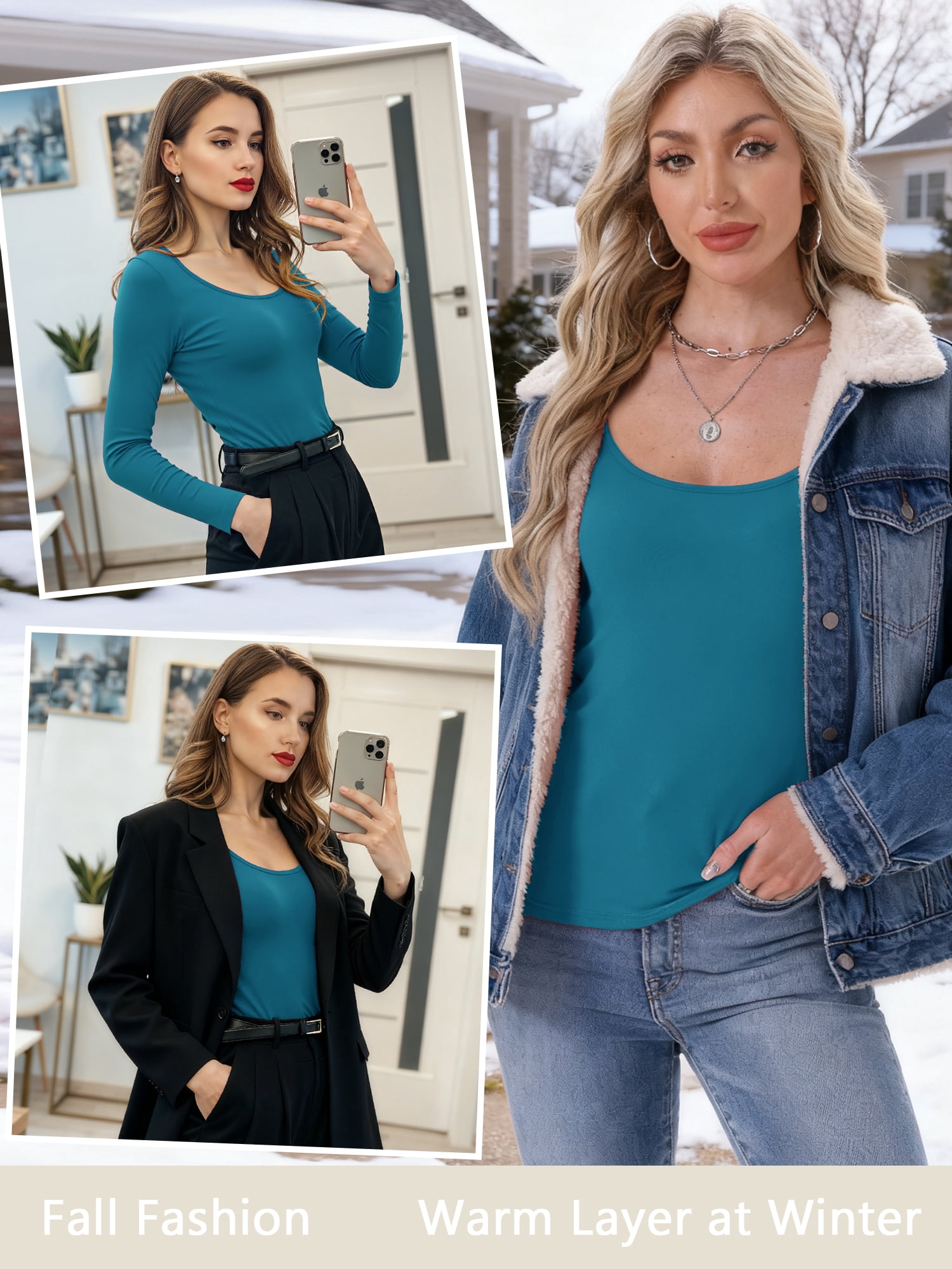 DARING DIVA Women's Scoop Neck Long Sleeve Slim Stretchy Thermal Tee M Lake Blue